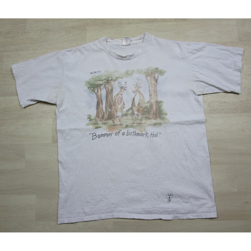 Vintage The Far Side Deer Hunting Comedy Joke T Shirt (XL) "Birthmark" Funny